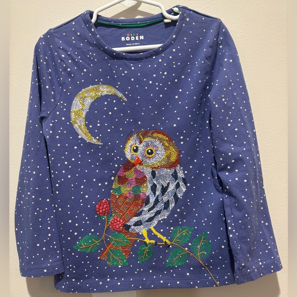Mini Boden Embroidered Colorful Owl Moon Stars Long Sleeve Shirt Girls 5-6 Years
